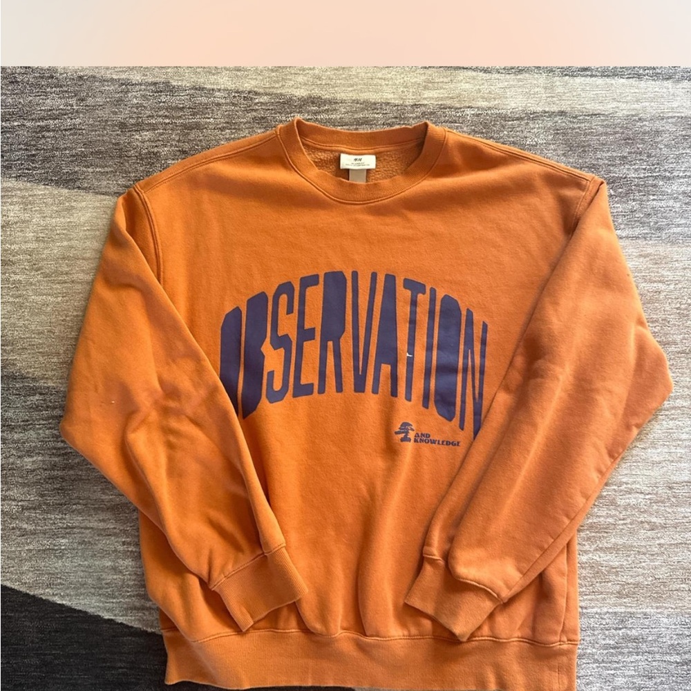 H&M Men's Size Large Orange Crewneck Relaxed Fit Sweatshirt with Blue Print